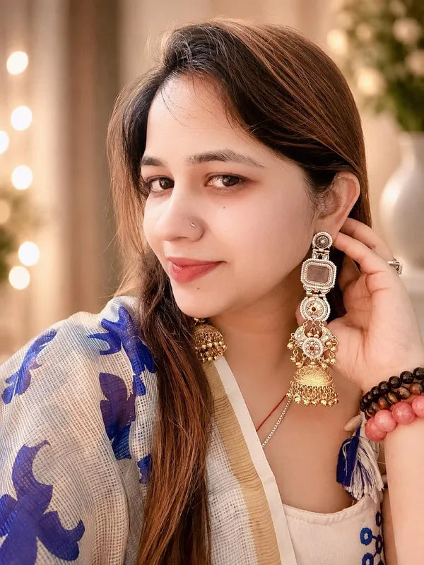 Gold Tone Kundan Jhumka Earrings For Women